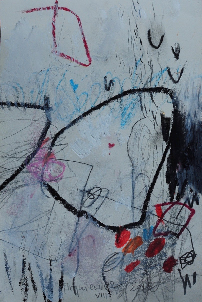 Anna Hryniewicz, black and red drawing, graphite, wax pastels on paper