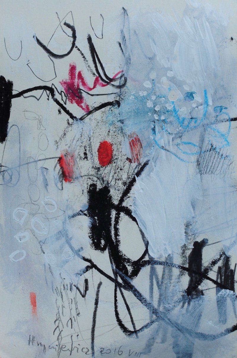 Anna Hryniewicz, drawing with red, blue and black, mised media on paper